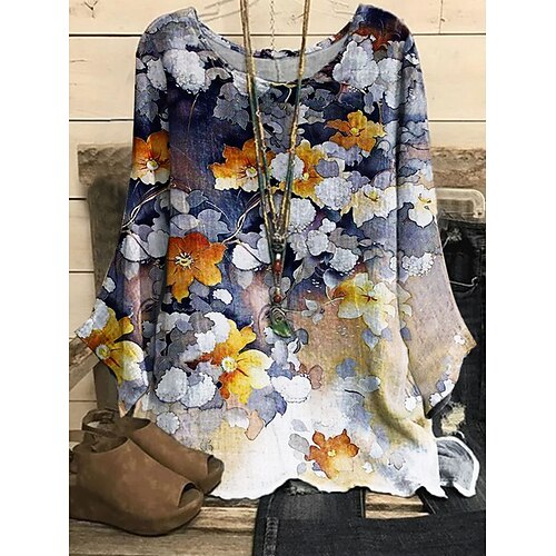 

Women's Blouse Shirt Blue Pink Yellow Floral Abstract Print Long Sleeve Daily Weekend Streetwear Casual Round Neck Regular Floral S / 3D Print