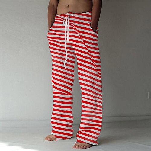 

Men's Trousers Beach Pants Drawstring Elastic Waist 3D Print Stripe Graphic Prints Comfort Breathable Casual Daily Holiday Streetwear Designer Red