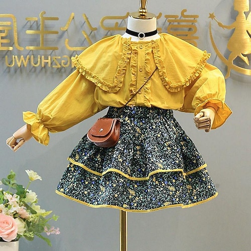 

2 Pieces Kids Girls' SkirtSet Clothing Set Outfit Floral Long Sleeve Set Outdoor Active Fashion Winter Fall 2-8 Years Yellow