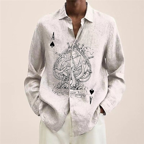 

Camisa casual masculina gráfica poker turndown branca manga longa hot stamping tops de impressão de botão de rua ao ar livre designer de moda casual