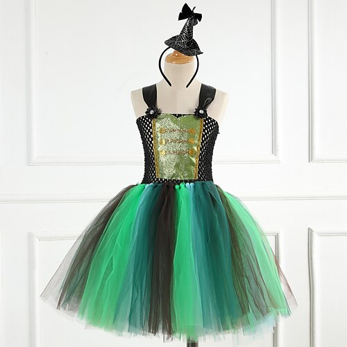 

Kids Girls' Halloween Dress Plain Strap Dress Knee-length Dress Party Mesh Tulle Sleeveless Gothic Dress 4-13 Years Spring Green