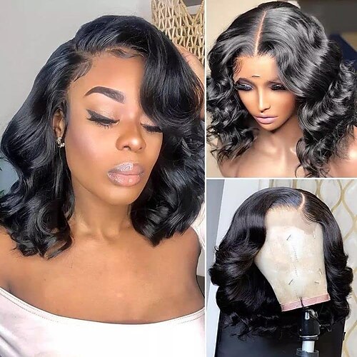 

Court bob avant de lacet perruques sans colle vague naturelle synthétique fibre résistant à la chaleur perruque de cheveux avec des cheveux de bébé pour les femmes noires