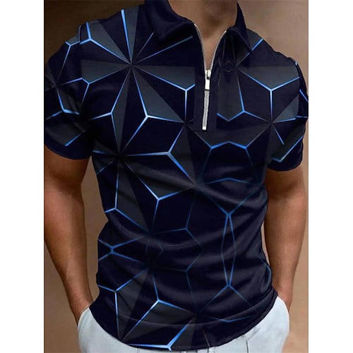 

Men's Collar Polo Shirt Golf Shirt Optical Illusion Turndown Blue 3D Print Outdoor Street Short Sleeves Zipper Print Clothing Apparel Fashion Casual Breathable / Summer / Spring / Summer