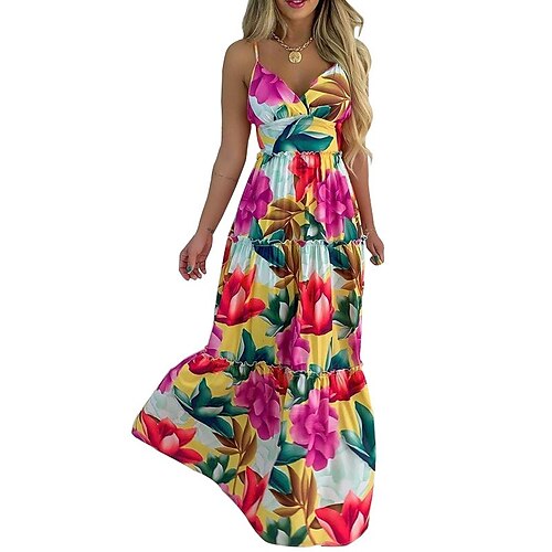 

Women's Swing Dress Slip Dress Maxi long Dress Pink Sleeveless Floral Cold Shoulder Print Fall Winter Spaghetti Strap Stylish Modern 2022 S M L XL XXL 3XL