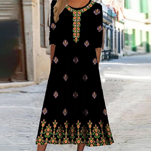 

Women's Casual Dress Swing Dress Midi Dress Black Yellow Long Sleeve Floral Pocket Print Fall Winter Round Neck Vacation Casual 2022 S M L XL XXL 3XL