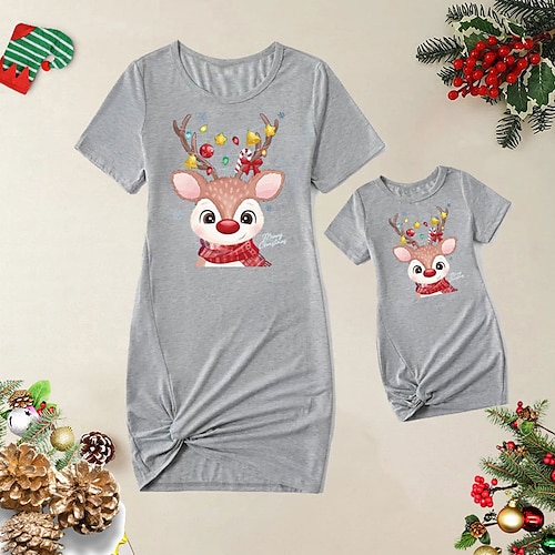 

Mommy and Me Ugly Christmas Dresses Cartoon Deer Home Pink Grey Short Sleeve Active Matching Outfits