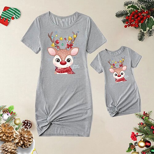 

Mommy and Me Ugly Christmas Dresses Cartoon Deer Home Pink Grey Short Sleeve Active Matching Outfits