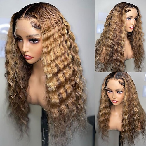 

Human Hair 13x4 Lace Front Wig Middle Part Brazilian Hair Deep Wave Multi-color Wig 130% 150% Density with Baby Hair Highlighted / Balayage Hair 100% Virgin Glueless Bleached Knots For wigs for black