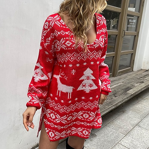 

Women's Sweater Jumper Dress Casual Dress Short Mini Dress Red Long Sleeve Elk Christmas Tree Jacquard Knit Fall Winter V Neck Casual Modern Loose Fit 2022 S M L XL