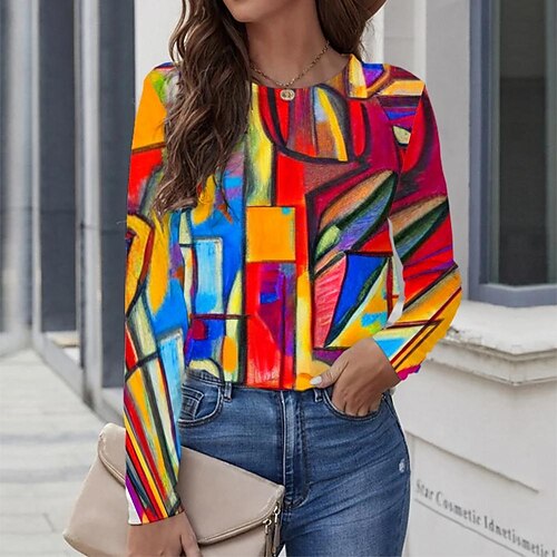

Women's T shirt Tee Red Graphic Graffiti Print Long Sleeve Casual Daily Vintage Round Neck Regular Painting S / 3D Print