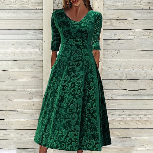 

Vestido de terciopelo para mujer, vestido verde swing, vestido midi verde, manga 3/4, terciopelo floral, otoño invierno, cuello en v, elegante, 2023 m, l, xl, xxl, 3xl