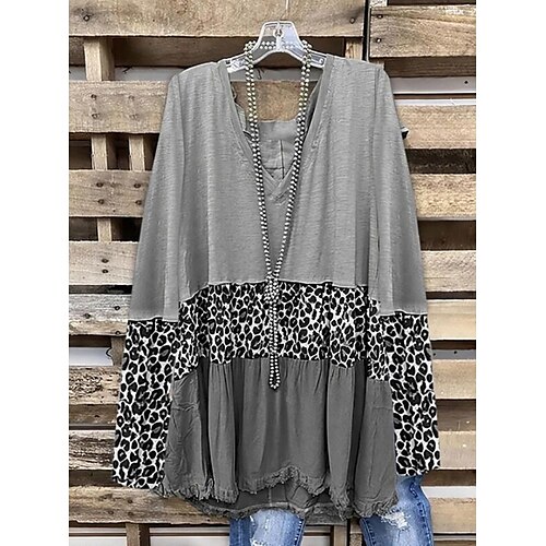 

Women's Plus Size Tops Blouse Leopard Color Block Print Long Sleeve V Neck Basic Casual Daily Vacation Polyester Winter Fall Gray