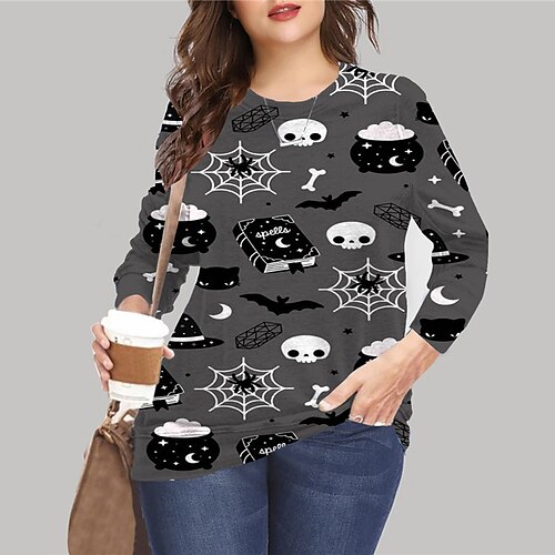 

Women's Plus Size Tops Pullover Sweatshirt Hoodie Sweatshirt Skull Spider Print Long Sleeve Crewneck Casual Halloween Halloween Daily Microfiber Fall Winter Gray