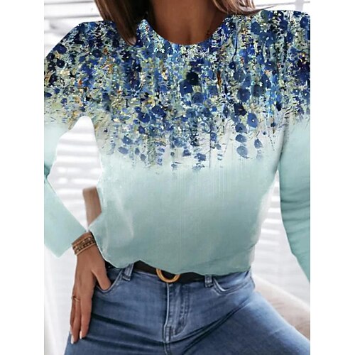 

Women's T shirt Tee Floral Casual Weekend Floral Painting T shirt Tee Long Sleeve Print Round Neck Basic Blue S / 3D Print