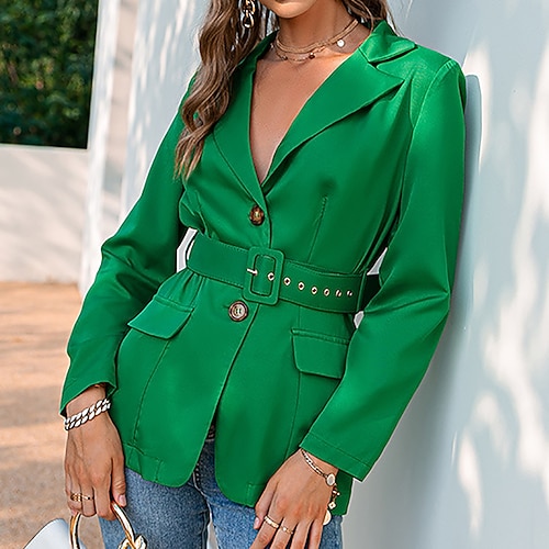 

Women's Blazer Warm Breathable Office Work Street Pocket With Belt Single Breasted Turndown Fashion Modern Solid Color Regular Fit Outerwear Long Sleeve Winter Fall Green S M L