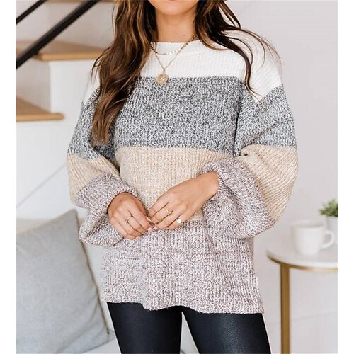 

Women's Pullover Jumper Crochet Knit Knitted Color Block Crew Neck Casual Daily Fall Winter Gray Purple One-Size / Long Sleeve