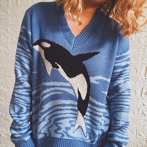 

Women's Pullover Sweater Jumper Ribbed Knit Patchwork Knitted Color Block V Neck Stylish Casual Outdoor Daily Fall Winter Blue S M L / Long Sleeve