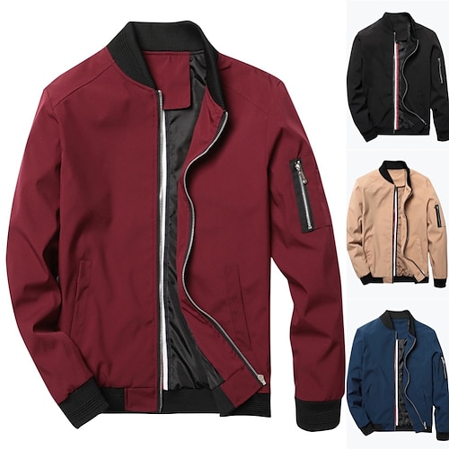 

Men's Bomber Jacket Outdoor Casual Spring Fall Long Coat Stand Collar Regular Fit Windproof Quick Dry Chic & Modern Luxurious Jacket Long Sleeve Color Block Stripes Full Zip Blue Khaki Red