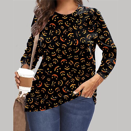 

Women's Plus Size Tops Pullover Sweatshirt Hoodie Sweatshirt Pumpkin Print Long Sleeve Crewneck Vintage Casual Halloween Halloween Daily Microfiber Fall Winter Yellow