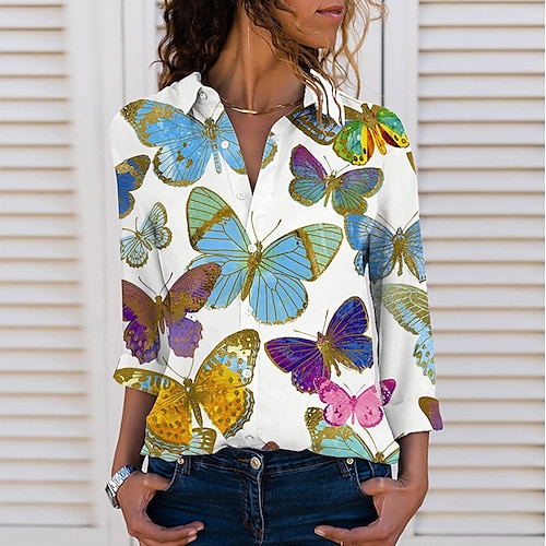 

Mujer Camisa Blusa Rojo Azul Marino Azul Piscina Plaid Mariposa Botón Estampado Manga Larga Diario Fin de semana Ropa de calle Casual Cuello Camisero Regular Mariposa S