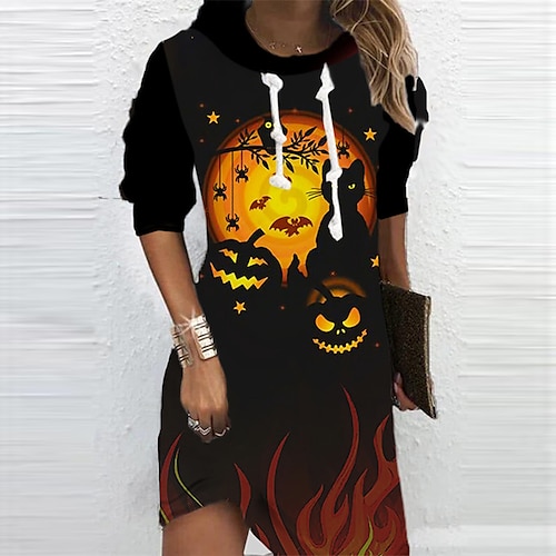 

Women's Hoodie Dress Shift Dress Short Mini Dress Black Yellow Long Sleeve Pumpkin Print Fall Winter Hooded Vacation Casual 2022 S M L XL XXL 3XL / 3D Print