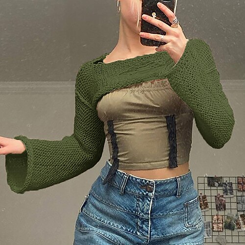 

Women's Shrug Jumper Chunky Knit Cropped Hollow Out Knitted Pure Color Crew Neck Stylish Casual Outdoor Daily Winter Fall Green White S M L / Long Sleeve / Holiday / Regular Fit / Going out / Hole