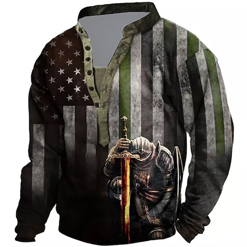 

Men's Unisex Sweatshirt Pullover Button Up Hoodie Green Standing Collar Knights Templar Graphic Prints National Flag Print Casual Daily Sports 3D Print Streetwear Designer Casual Spring & Fall