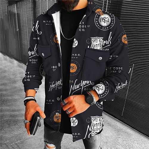 

Men's Coat With Pockets Daily Wear Vacation Going out Single Breasted Turndown Streetwear Sport Casual Jacket Outerwear Letter Front Pocket Print Black / Long Sleeve