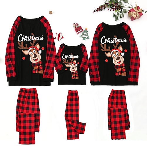 

Christmas Pajamas Family Set Ugly Cotton Plaid Deer Home Black Long Sleeve Mom Dad and Me Daily Matching Outfits Fall Winter Sweet