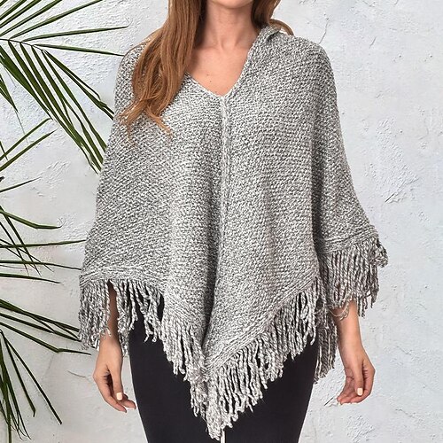 

Women's Poncho Sweater Jumper Crochet Knit Tassel Knitted Pure Color V Neck Stylish Casual Outdoor Daily Winter Fall Gray S M L / Holiday / Going out / Loose Fit