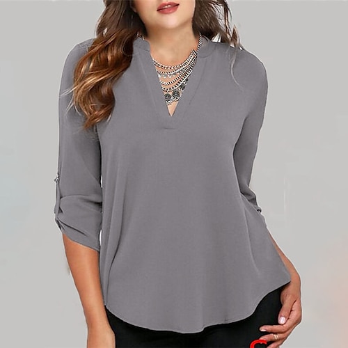 

Women's Plus Size Curve Tops Blouse Shirt Plain Asymmetric Long Sleeve V Neck Streetwear Daily Weekend Chiffon Fall Spring White Black