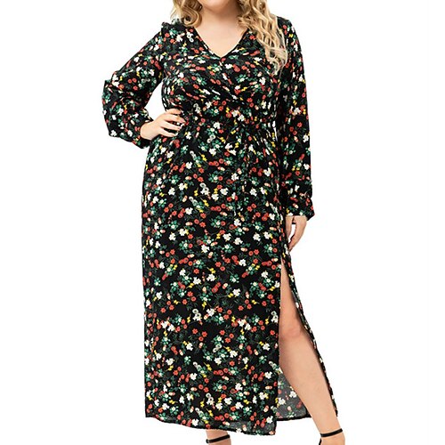 

Women's Plus Size Casual Dress Floral V Neck Long Sleeve Fall Winter Casual Maxi long Dress Causal Daily Dress
