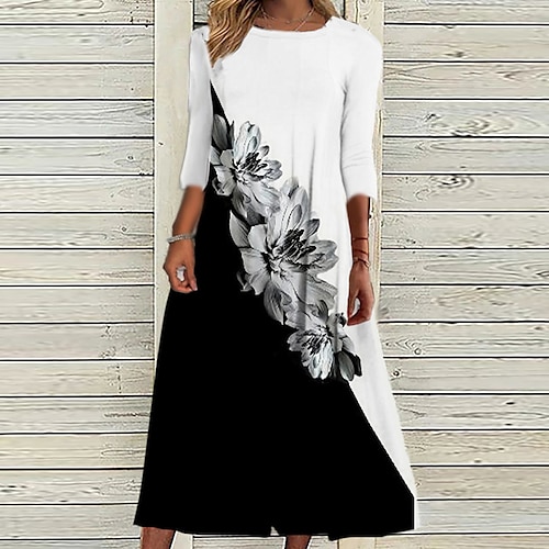 

Women's Casual Dress Shift Dress Midi Dress White 3/4 Length Sleeve Floral Ruched Winter Fall 2022 S M L XL XXL 3XL