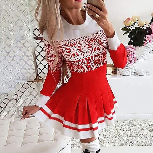 

Women's Casual Dress Swing Dress Christmas Short Mini Dress Black And White Blue Dark Blue Red White Black Long Sleeve Snowman Abstract Snowflake Pleated Print Fall Winter Round Neck Fashion Casual