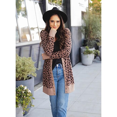 

Cross-Border Europe And America Ladies Fashion Print Leopard Print Button Loose Print Long Sleeve Long Cardigan Spot