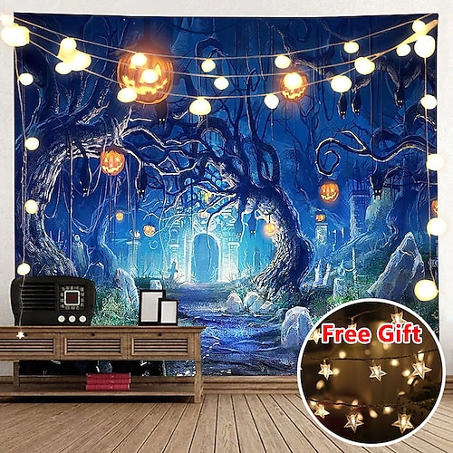 

Halloween Party Wall Tapestry Art Decor Blanket Curtain Hanging Home Bedroom Living Room Decoration Polyester (with LED String)