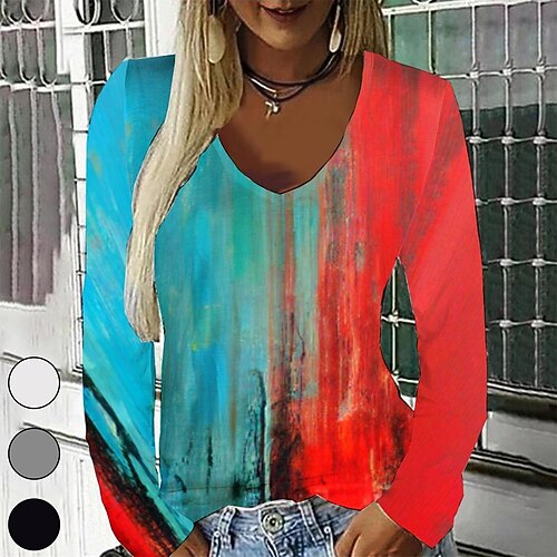 

Women's T shirt Tee Green Graphic Geometric Print Long Sleeve Casual Daily Vintage V Neck Regular Geometric Painting S / 3D Print