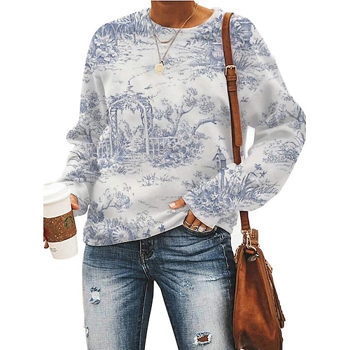 

Women's Sweatshirt Pullover Active Streetwear Print Light Blue Graphic Daily Round Neck Long Sleeve