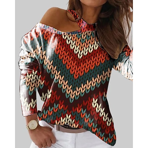 

Women's Shirt Red Geometric Cut Out Print Long Sleeve Daily Weekend Streetwear Casual One Shoulder Regular Geometric S / 3D Print