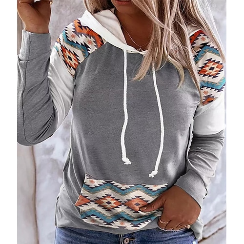 

Women's Plus Size Tops Hoodie Sweatshirt Geometry Pocket Print Long Sleeve Hooded Vintage Casual Daily Going out Polyester Fall Winter Gray