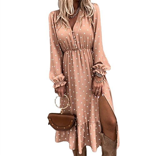 

Women's PolkaDotDress Midi Dress Midi Dress Blue Apricot Long Sleeve Polka Dot Ruffle Split Fall Winter V Neck Fashion Modern 2022 S M L XL 2XL