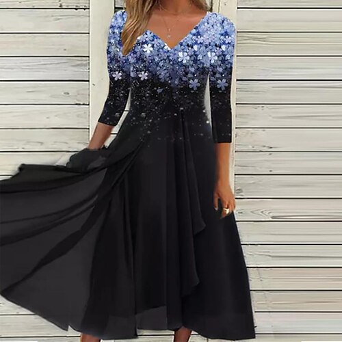 

Women's Chiffon Dress Swing Dress Midi Dress Green Blue Purple Royal Blue 3/4 Length Sleeve Floral Pleated Print Fall Winter V Neck Fashion Elegant 2022 S M L XL 2XL 3XL 4XL 5XL