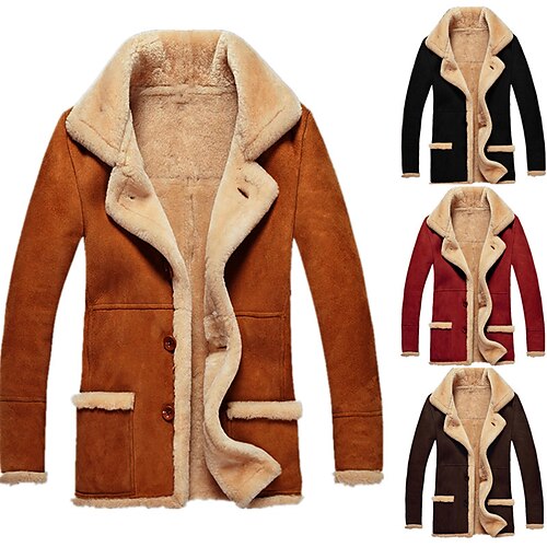 

Men's Shearling Coat Winter Jacket Winter Coat Teddy Coat Warm Street Daily Holiday Single Breasted Turndown Artistic / Retro Casual Jacket Outerwear Pure Color Pocket Faux Fur Trim Red Brown Coffee