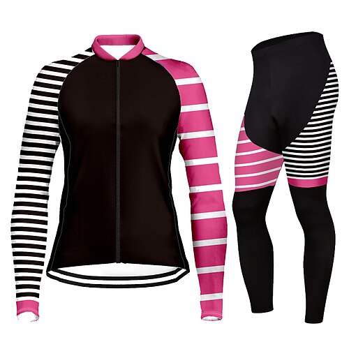 

21Grams Women's Cycling Jersey with Tights Long Sleeve Mountain Bike MTB Road Bike Cycling Green Rosy Pink Red Stripes Bike Quick Dry Moisture Wicking Spandex Sports Stripes Clothing Apparel