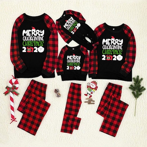

Family Look Christmas Pajamas Plaid Letter Home Red Long Sleeve Daily Matching Outfits
