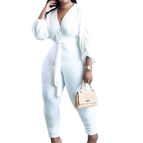 

Women's Jumpsuit High Waist Solid Color V Neck Casual Street Daily Regular Fit Long Sleeve White Black S M L Fall