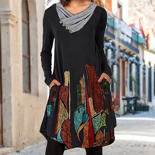 

Women's T shirt Dress Graphic Daily Weekend Painting T shirt Dress Long Sleeve Pocket Button Print V Neck Basic Black S / 3D Print
