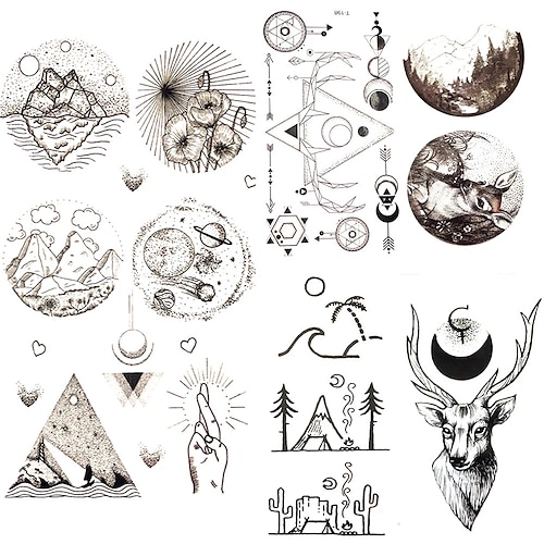 

6 PCS Round triangle small moon star temporary tattoo sticker man mountain planet universe fake tattoo woman body arm art tatto hand