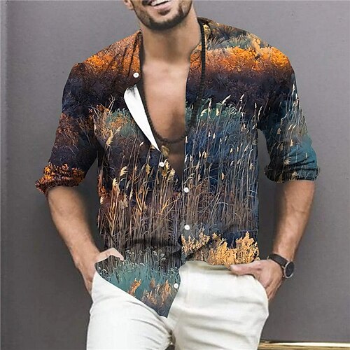 

Men's Shirt Graphic Shirt Plants Stand Collar Yellow 3D Print Outdoor Street Long Sleeve Button-Down Print Clothing Apparel Fashion Designer Casual Breathable