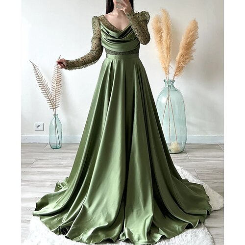 

Ball Gown Evening Gown Elegant Dress Formal Court Train Long Sleeve V Neck Charmeuse with Ruched Splicing 2022